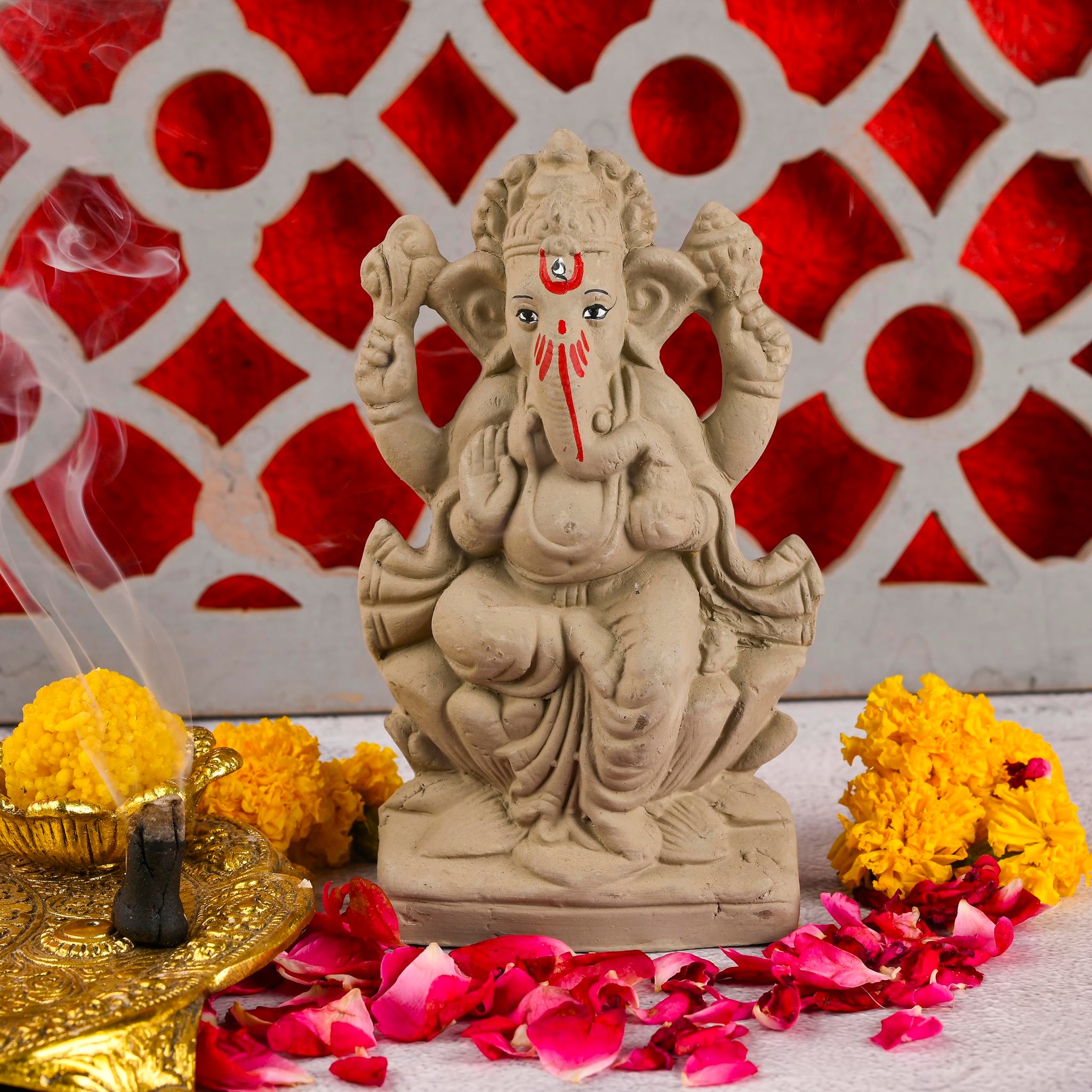 ELIKRAFT Mitti Ganesh Idol, Eco-Friendly Natural Clay Ganesha Figurine for Puja and Visarjan, Biodegradable - front view (16)