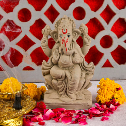 ELIKRAFT Mitti Ganesh Idol, Eco-Friendly Natural Clay Ganesha Figurine for Puja and Visarjan, Biodegradable - front view (16)
