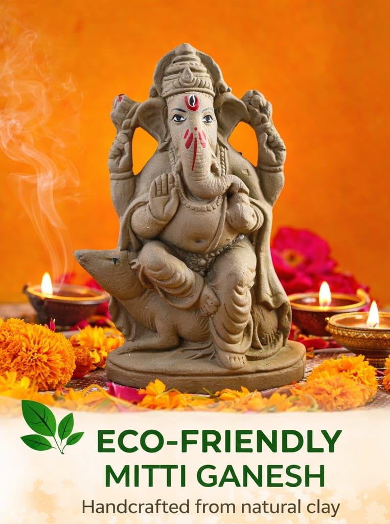ELIKRAFT Mitti Ganesh Idol, Eco-Friendly Natural Clay Ganesha Figurine for Puja and Visarjan, Biodegradable - back view (21)