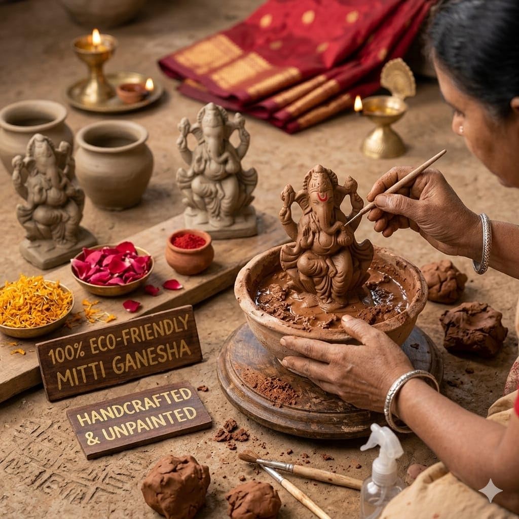 ELIKRAFT Mitti Ganesh Idol, Eco-Friendly Natural Clay Ganesha Figurine for Puja and Visarjan, Biodegradable - close-up detail