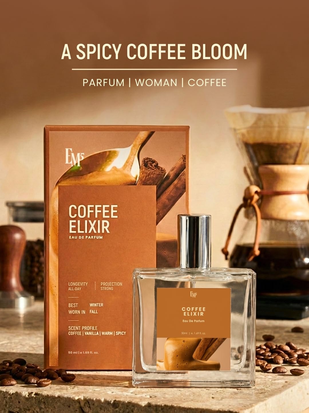 Em5 Coffee Elixir Unisex Eau de Parfum, 50ml, Gourmand Fragrance with Coffee, Vanilla, Cinnamon - packaging