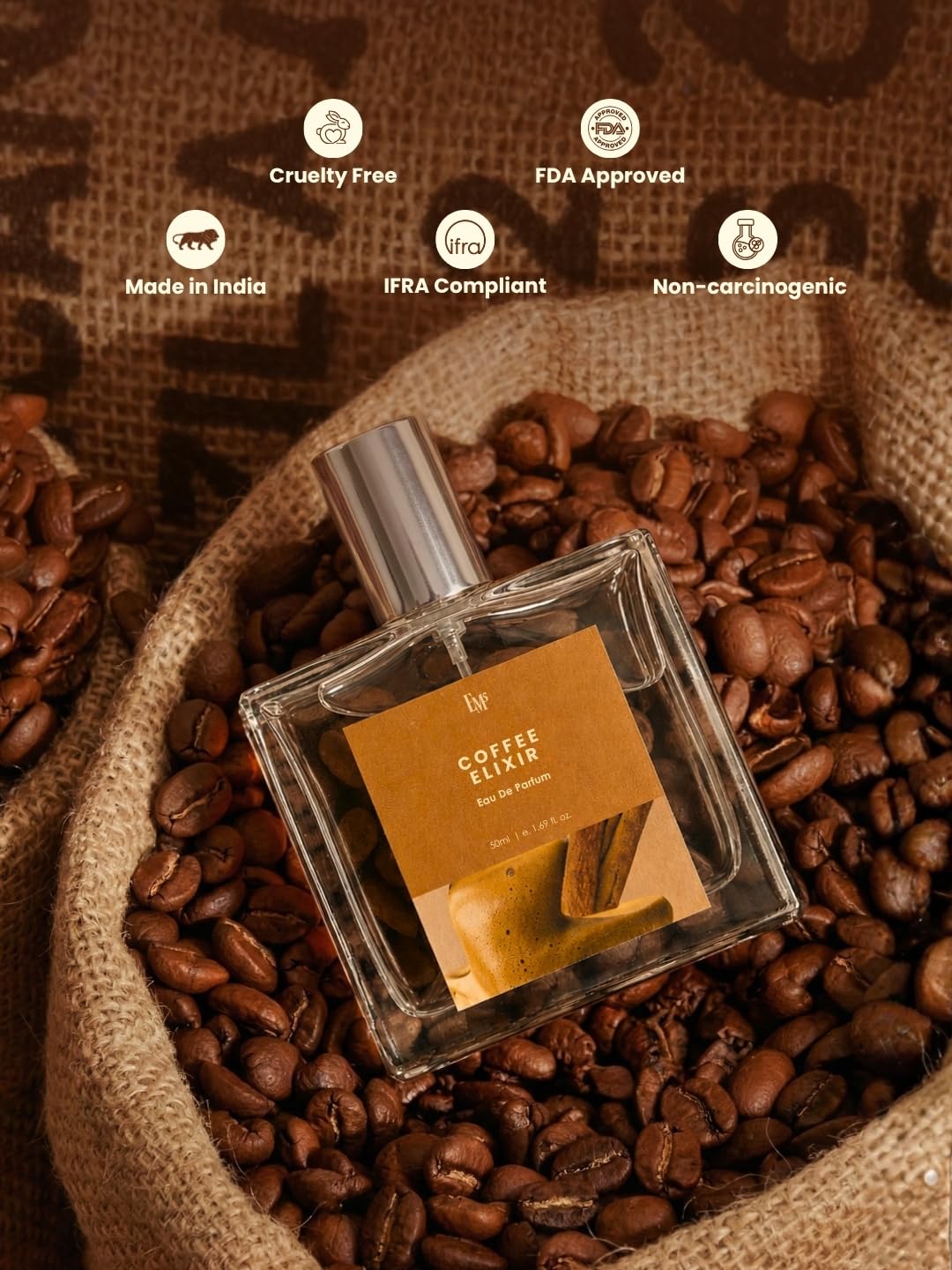 Em5 Coffee Elixir Unisex Eau de Parfum, 50ml, Gourmand Fragrance with Coffee, Vanilla, Cinnamon - label detail