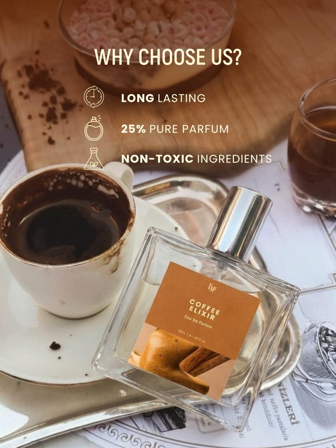 Em5 Coffee Elixir Unisex Eau de Parfum, 50ml, Gourmand Fragrance with Coffee, Vanilla, Cinnamon - ingredients panel