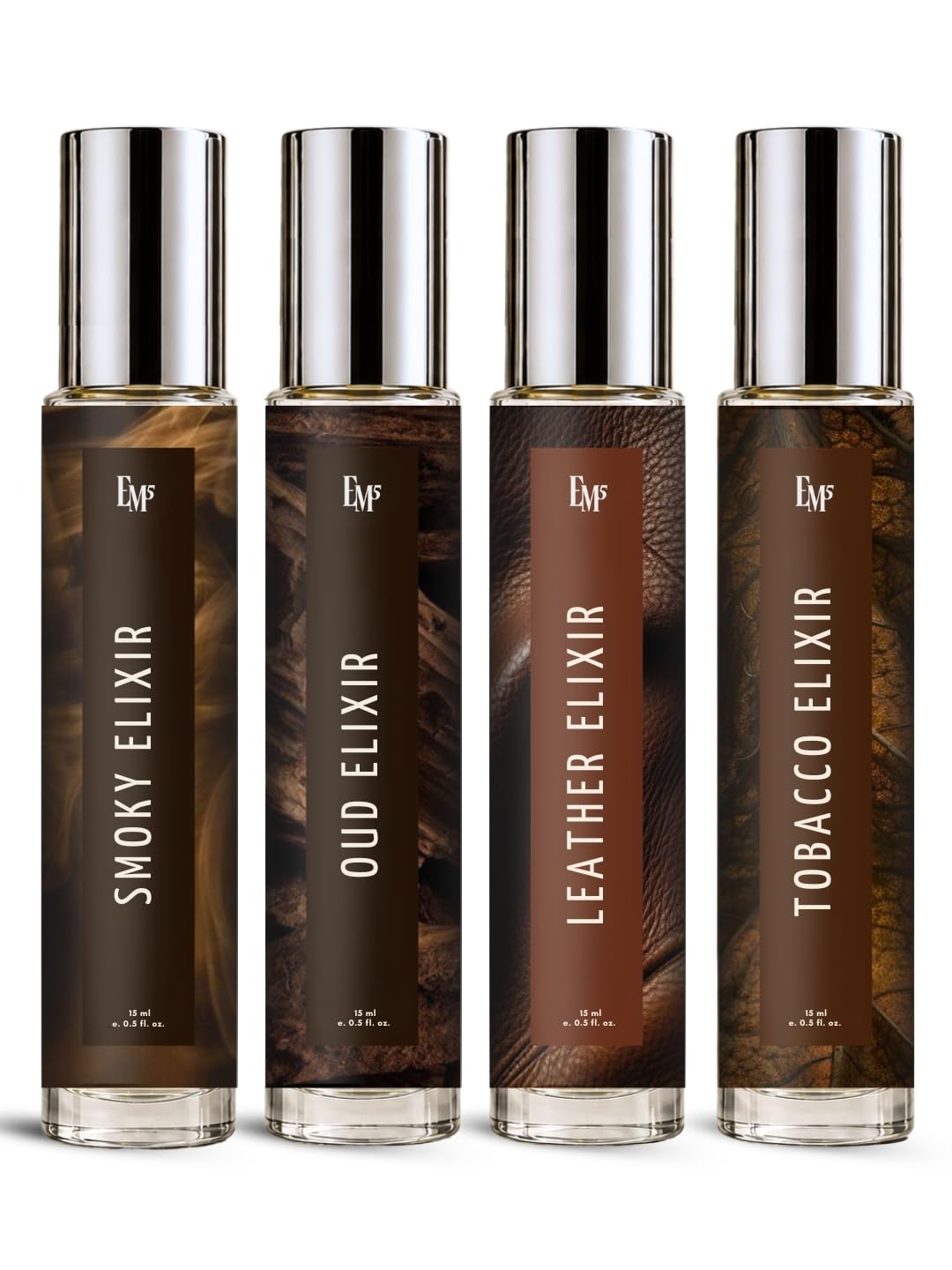 Em5 Men's Elixir Perfume Gift Set Fragrance Collection, 4 x 15ml Travel Bottles, Smoky Oud Leather Tobacco Scents for Adult M