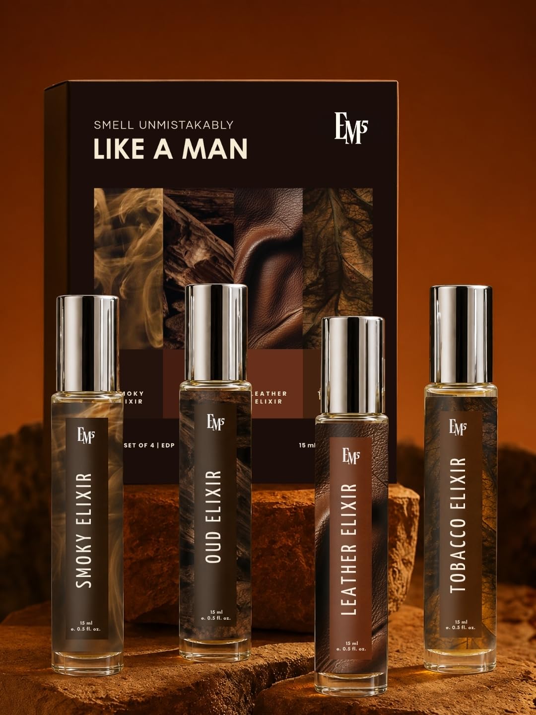 Em5 Men's Elixir Perfume Gift Set Fragrance Collection, 4 x 15ml Travel Bottles, Smoky Oud Leather Tobacco Scents for Adult M