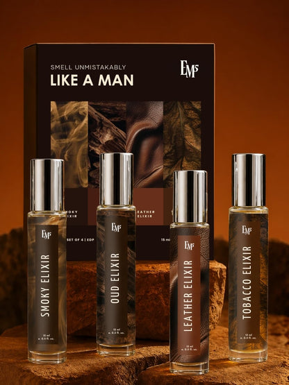Em5 Men's Elixir Perfume Gift Set Fragrance Collection, 4 x 15ml Travel Bottles, Smoky Oud Leather Tobacco Scents for Adult M