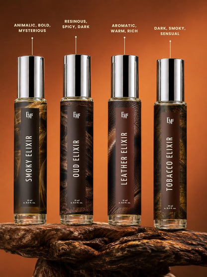 Em5 Men's Elixir Perfume Gift Set Fragrance Collection, 4 x 15ml Travel Bottles, Smoky Oud Leather Tobacco Scents for Adult M
