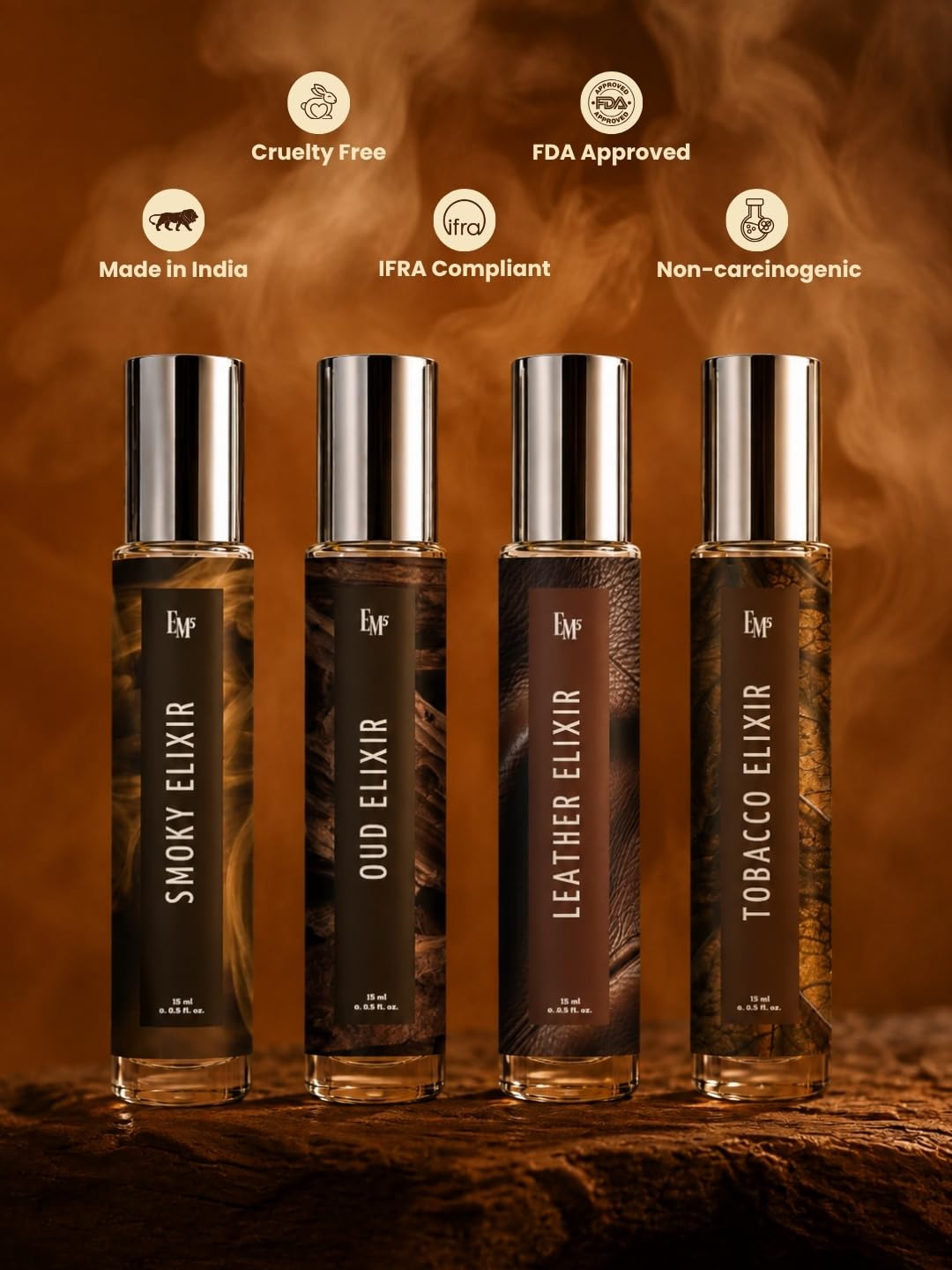 Em5 Men's Elixir Perfume Gift Set Fragrance Collection, 4 x 15ml Travel Bottles, Smoky Oud Leather Tobacco Scents for Adult M