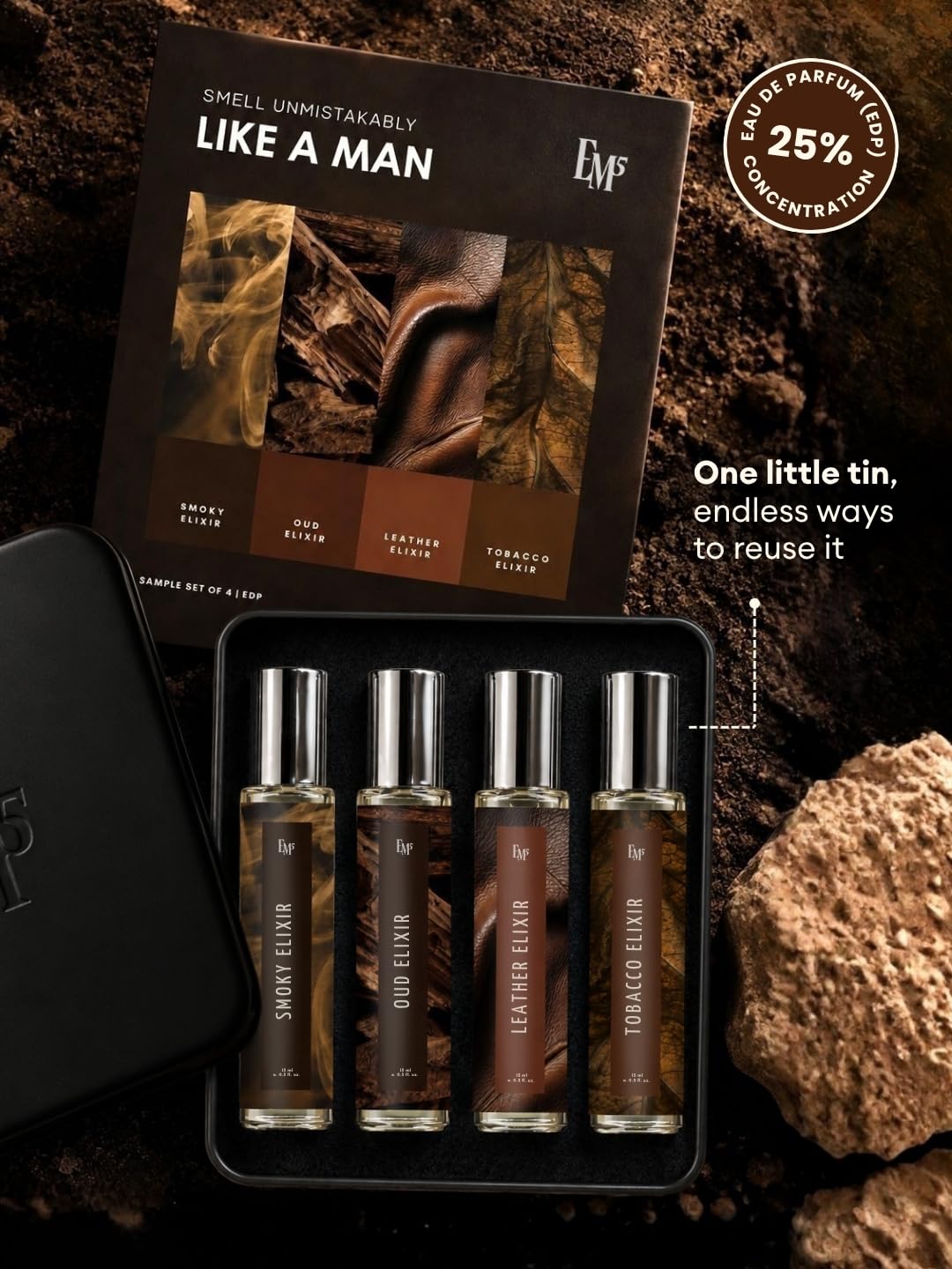 Em5 Men's Elixir Perfume Gift Set Fragrance Collection, 4 x 15ml Travel Bottles, Smoky Oud Leather Tobacco Scents for Adult M