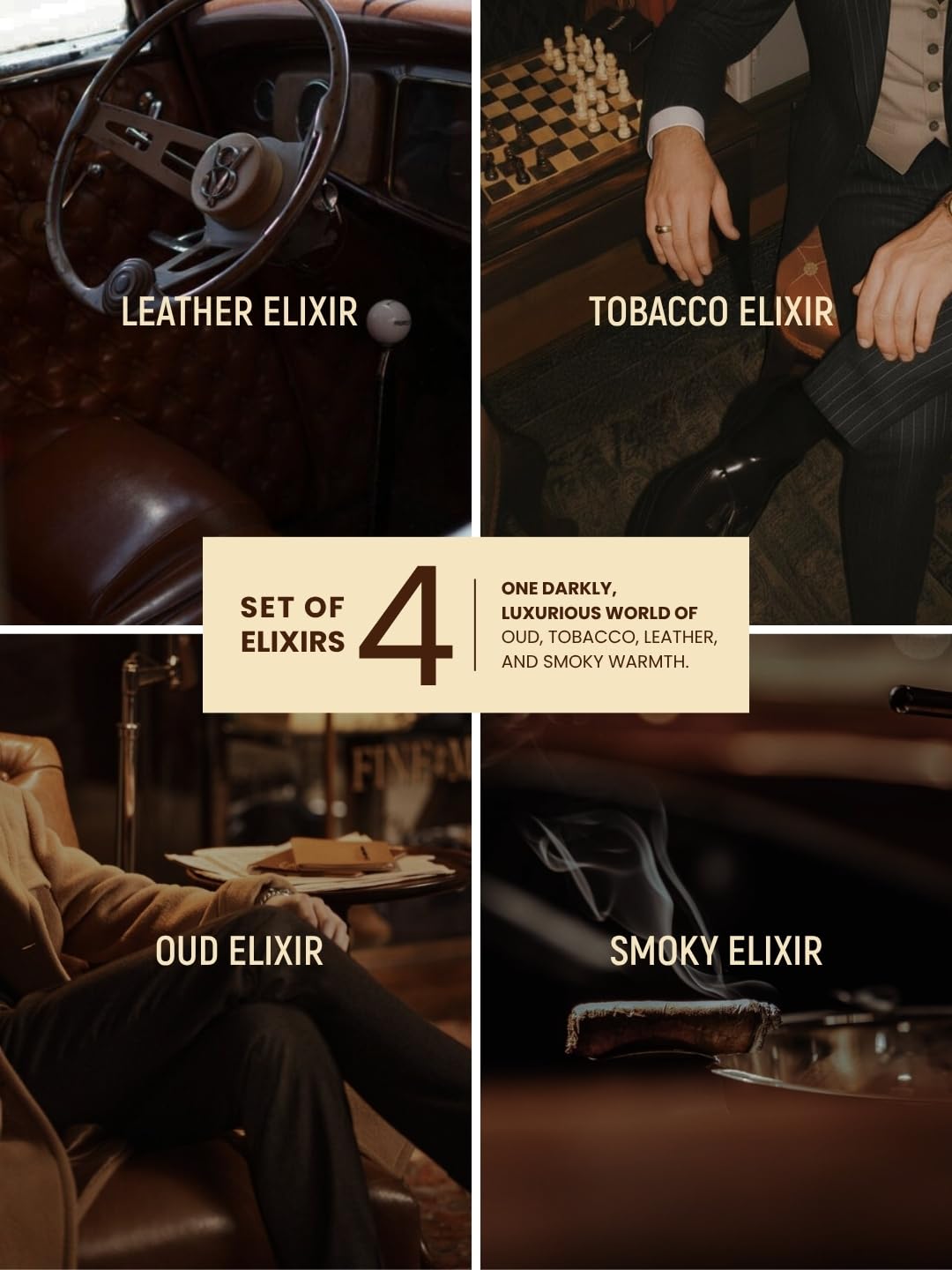 Em5 Men's Elixir Perfume Gift Set Fragrance Collection, 4 x 15ml Travel Bottles, Smoky Oud Leather Tobacco Scents for Adult M