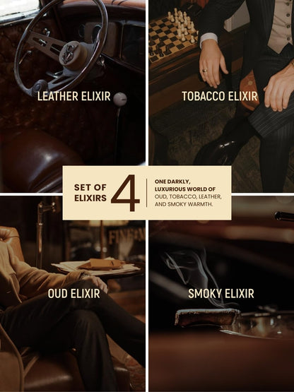 Em5 Men's Elixir Perfume Gift Set Fragrance Collection, 4 x 15ml Travel Bottles, Smoky Oud Leather Tobacco Scents for Adult M