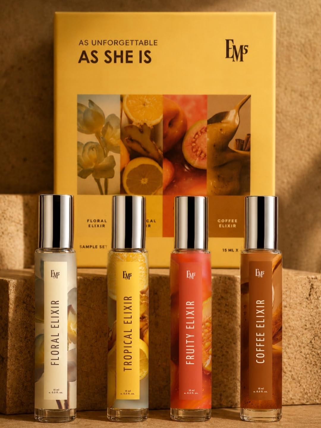 Em5 Men's Elixir Perfume Gift Set Fragrance Collection, 4 x 15ml Travel Bottles, Smoky Oud Leather Tobacco Scents for Adult M