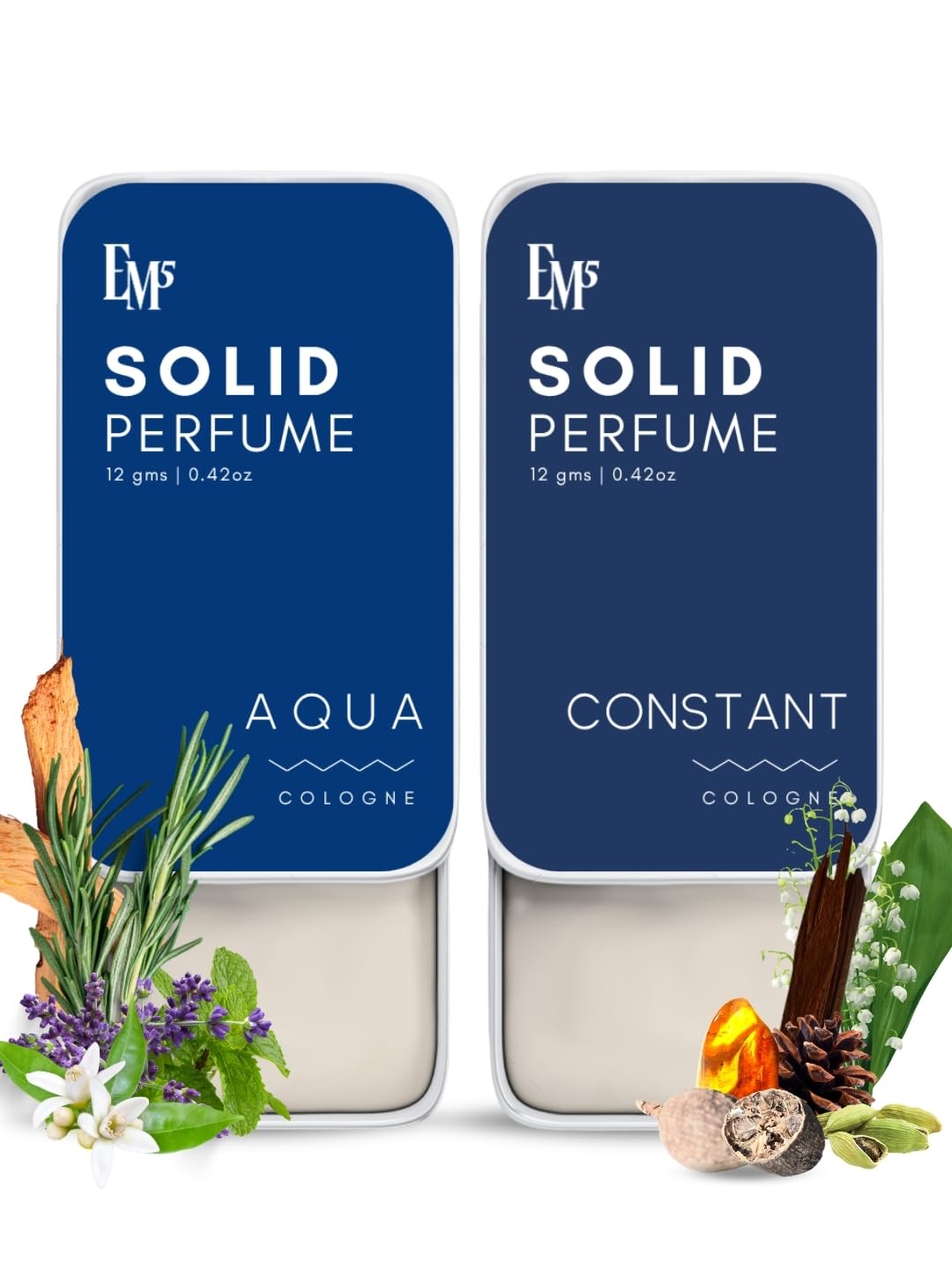 Em5 Solid Perfume Set for Men with Aqua & Constant Scents, Alcohol-Free Formula, Travel-Friendly Pocket Tins, 2 Count