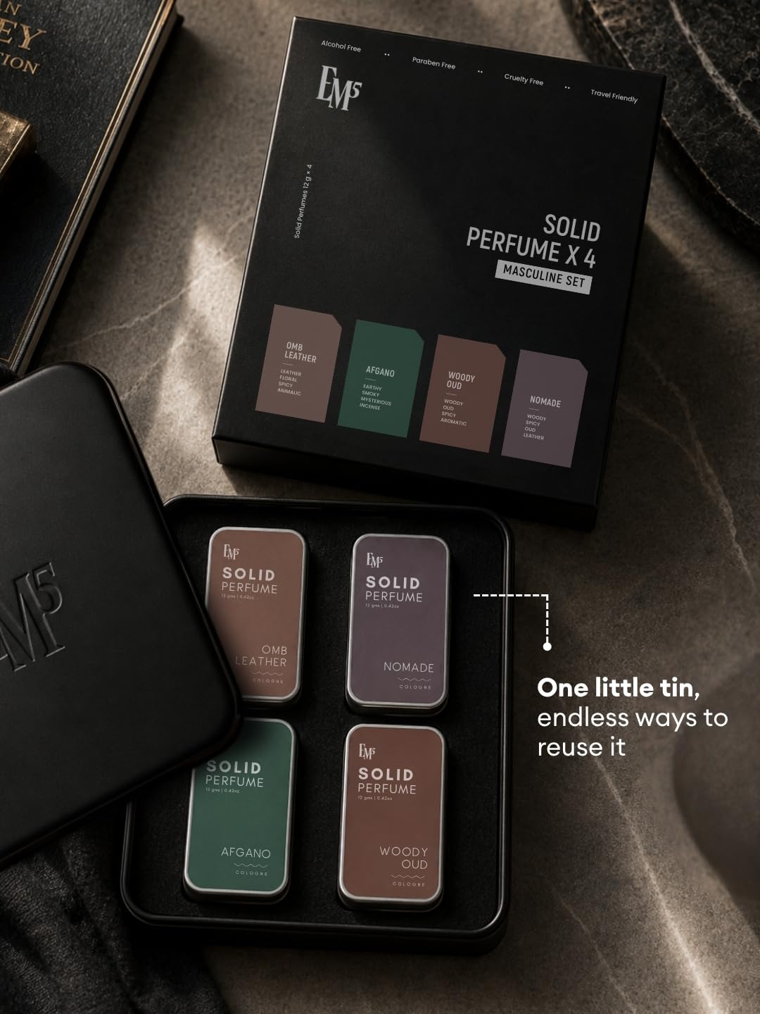 Em5 Solid Perfume Set for Men with Aqua & Constant Scents, Alcohol-Free Formula, Travel-Friendly Pocket Tins, 2 Count - front