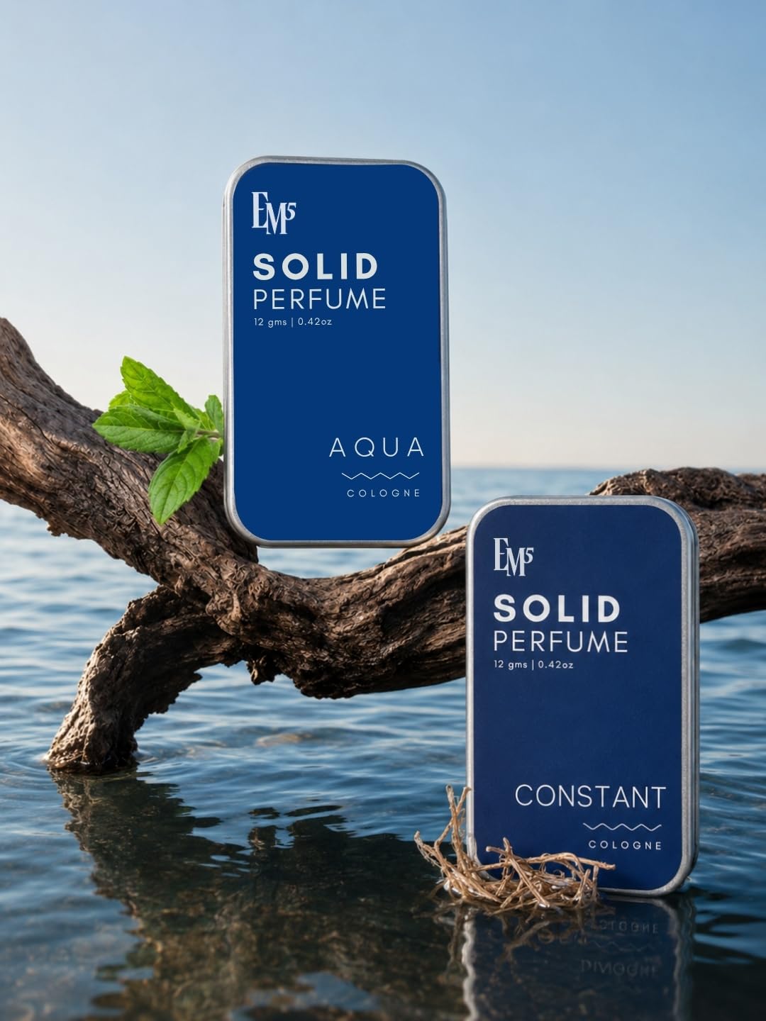 Em5 Solid Perfume Set for Men with Aqua & Constant Scents, Alcohol-Free Formula, Travel-Friendly Pocket Tins, 2 Count - close