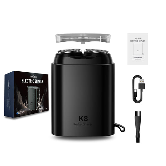Enchen K8 Mini Portable Electric Shaver, Black, USB-C Rechargeable, IPX7 Waterproof Rotary Shaver for Men