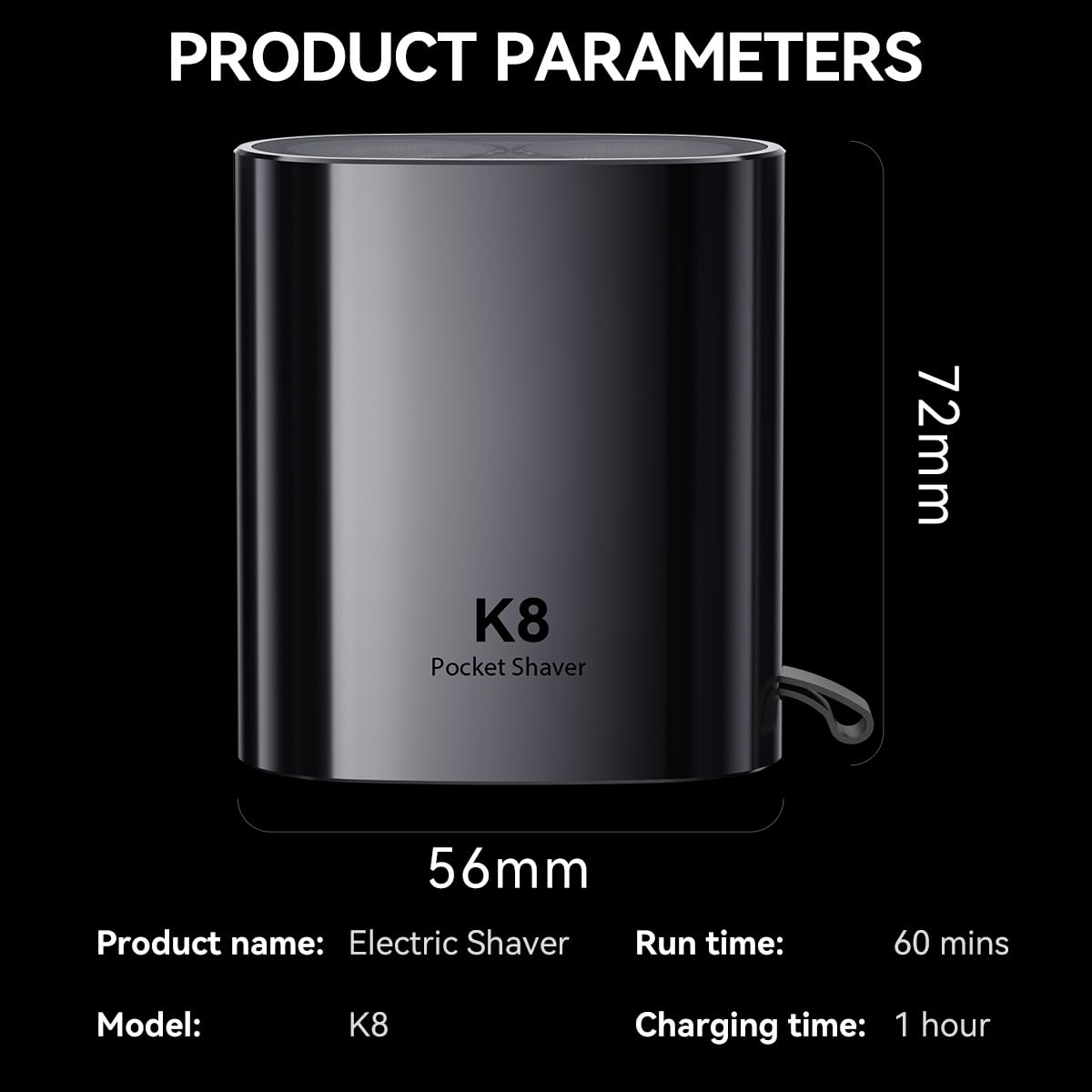 Enchen K8 Mini Portable Electric Shaver, Black, USB-C Rechargeable, IPX7 Waterproof Rotary Shaver for Men - size and scale