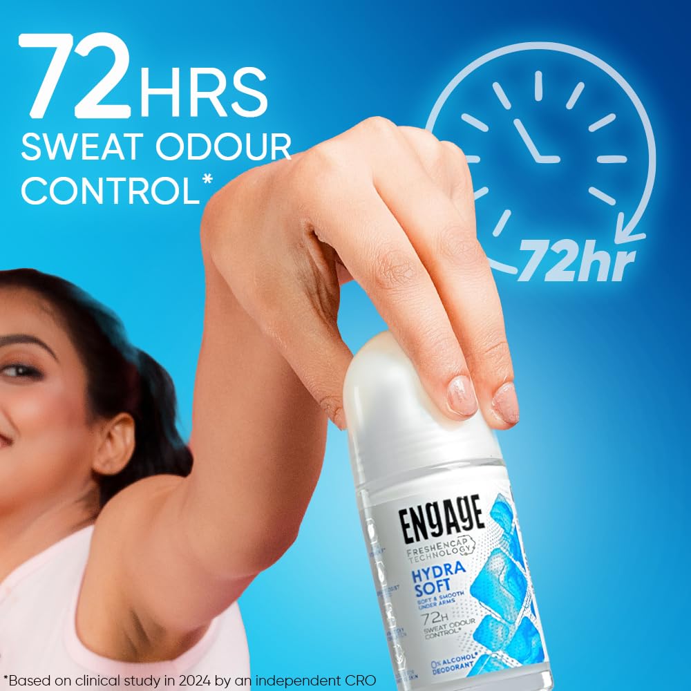 Engage Hydra Soft Underarm Roll On Deo for Women|72 Hour Sweat & Odour Protection | Skin Softening Formula|Advanced Antipersp