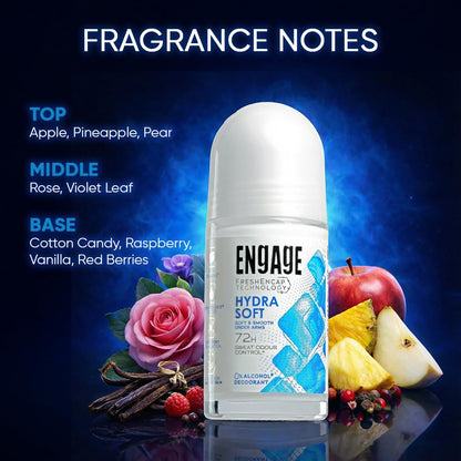Engage Hydra Soft Underarm Roll On Deo for Women|72 Hour Sweat & Odour Protection | Skin Softening Formula|Advanced Antipersp