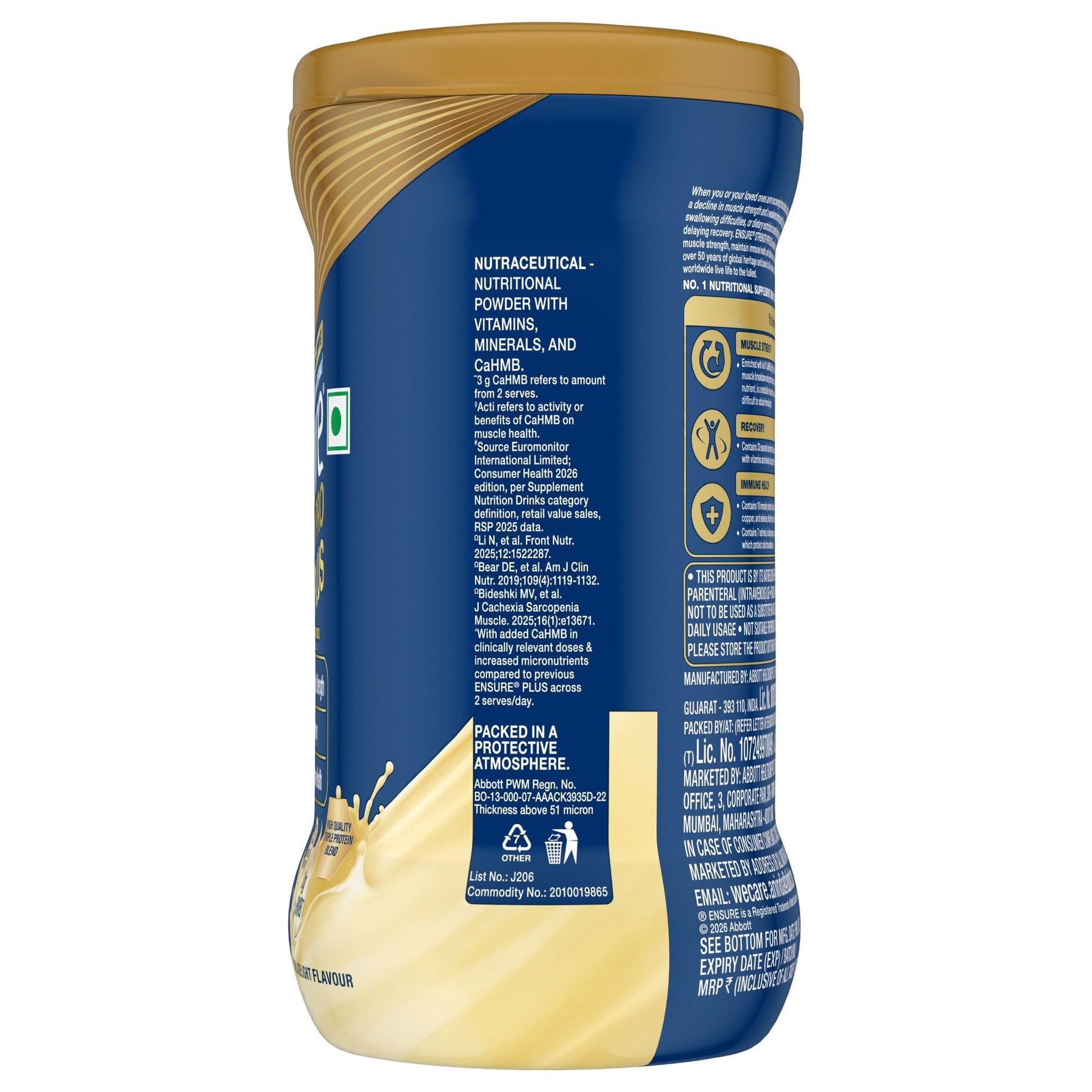 Ensure Plus Nutritional Supplement Drink Powder, 400g Vanilla, Triple Protein Blend with CaHMB, Vegetarian, Gluten-Free, Tub 