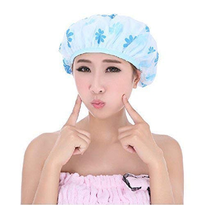 eS³kube Reusable Shower Caps Set of 3, Waterproof EVA Free-Size Floral Style for Bathroom Salons Spas - back view