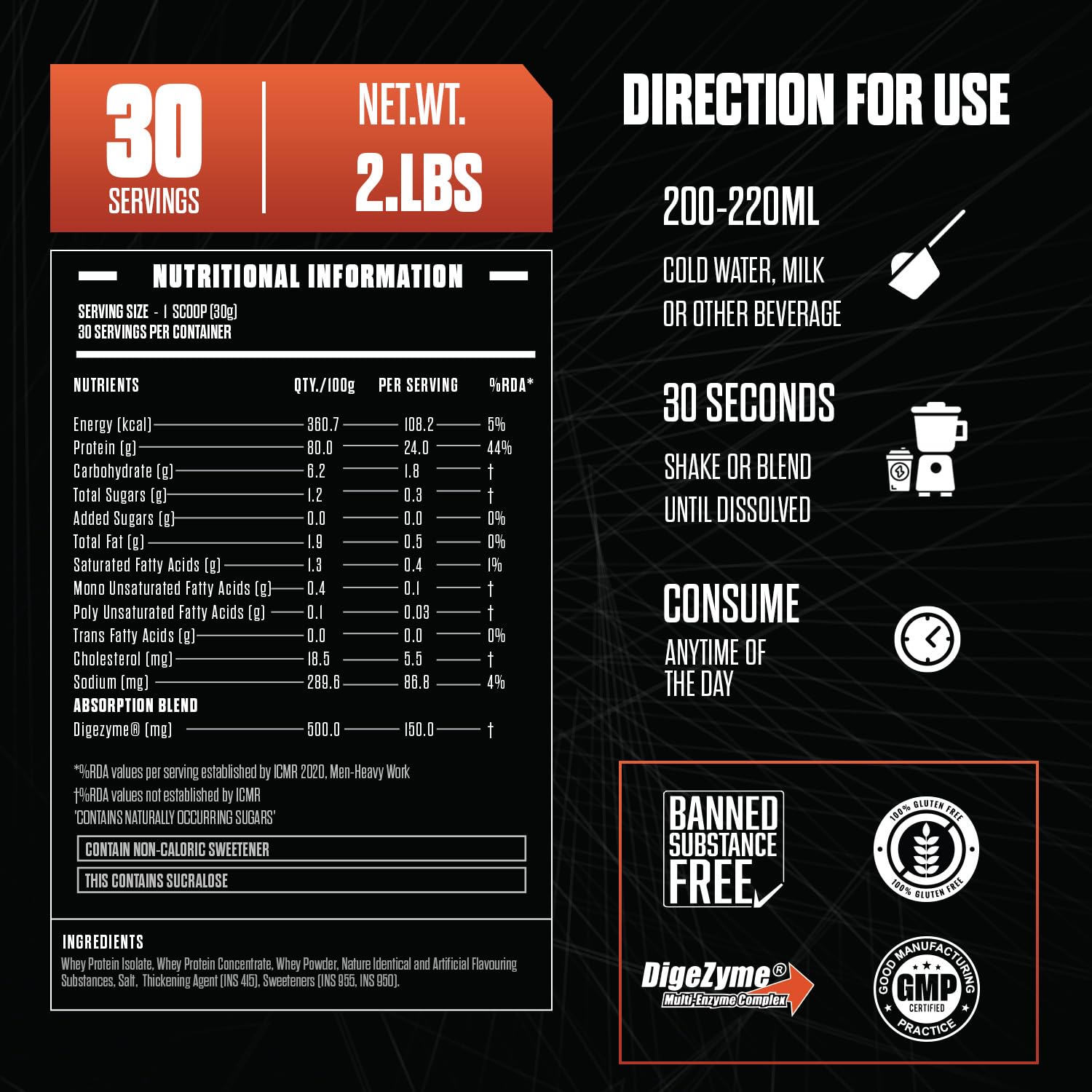 Exalt Supps Priority Whey Protein Isolate Powder, 907g, Adult Nutrition Supplement with Digezyme - back view
