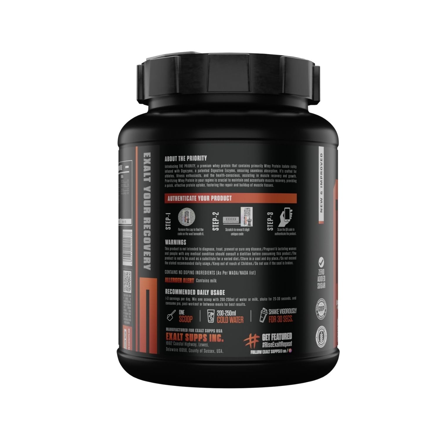 Exalt Supps Priority Whey Protein Isolate Powder, 907g, Adult Nutrition Supplement with Digezyme - size and scale