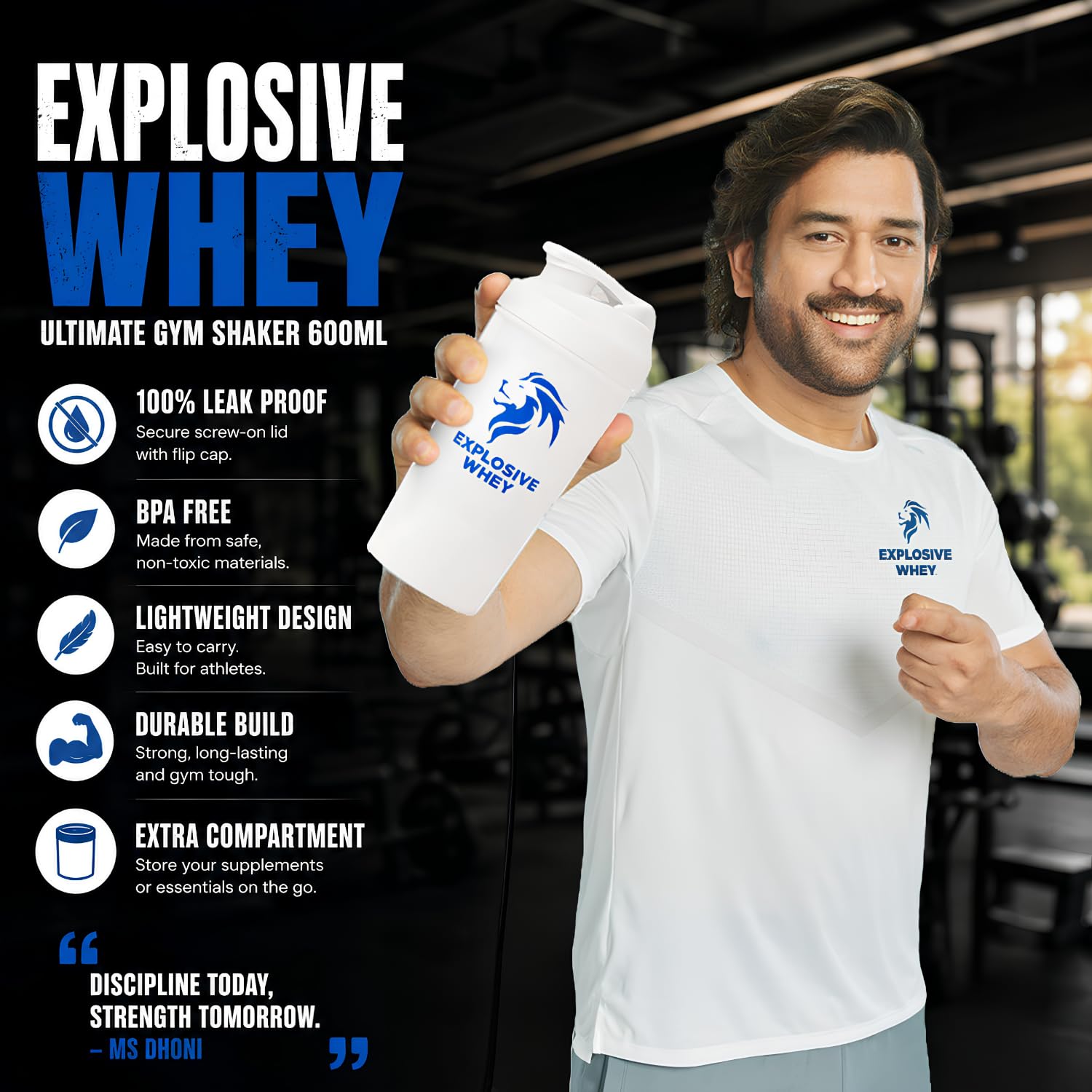 EXPLOSIVE WHEY Protein Shaker Bottle, 600ml, BPA-Free, Leak-Proof, with Storage Compartment - front view