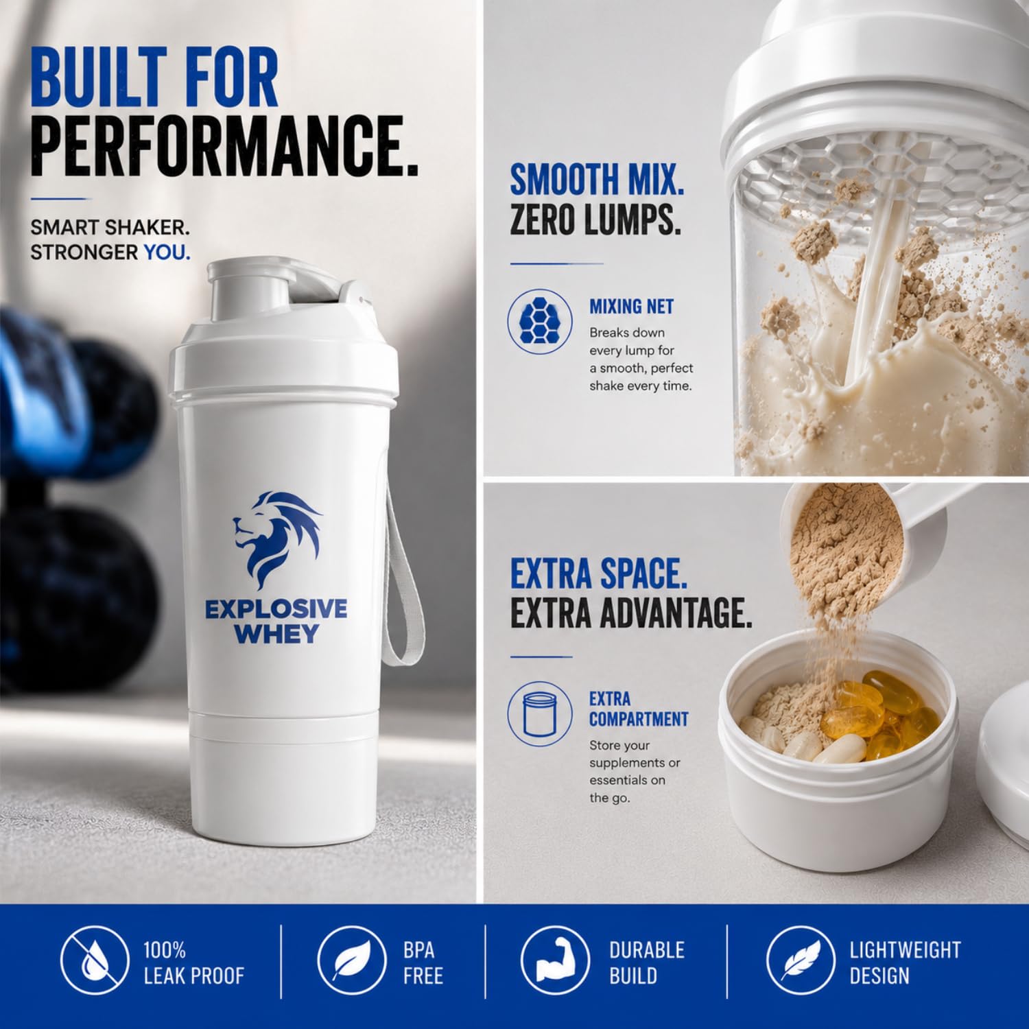 EXPLOSIVE WHEY Protein Shaker Bottle, 600ml, BPA-Free, Leak-Proof, with Storage Compartment - packaging