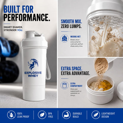 EXPLOSIVE WHEY Protein Shaker Bottle, 600ml, BPA-Free, Leak-Proof, with Storage Compartment - packaging