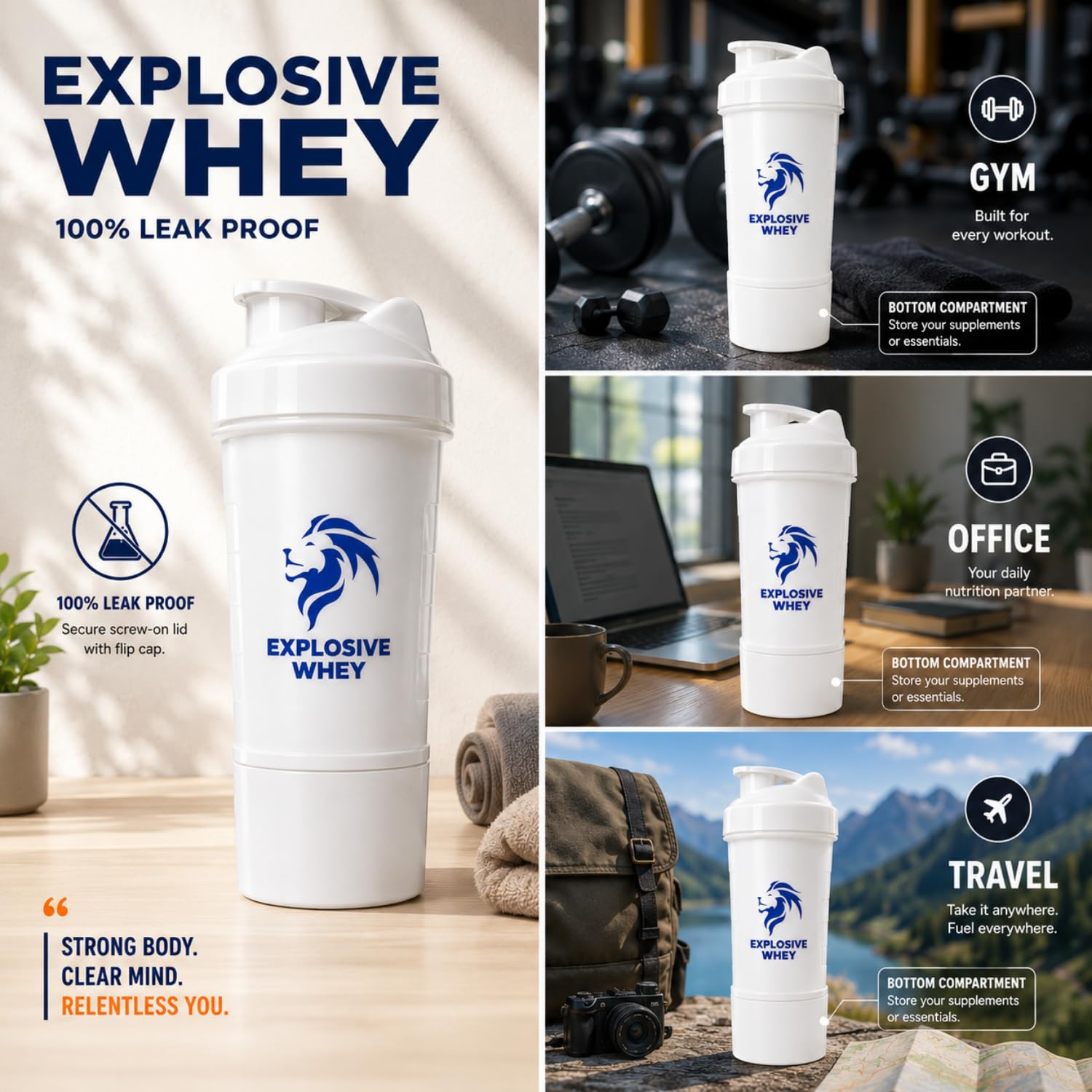 EXPLOSIVE WHEY Protein Shaker Bottle, 600ml, BPA-Free, Leak-Proof, with Storage Compartment - label detail