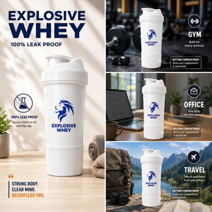 EXPLOSIVE WHEY Protein Shaker Bottle, 600ml, BPA-Free, Leak-Proof, with Storage Compartment - label detail