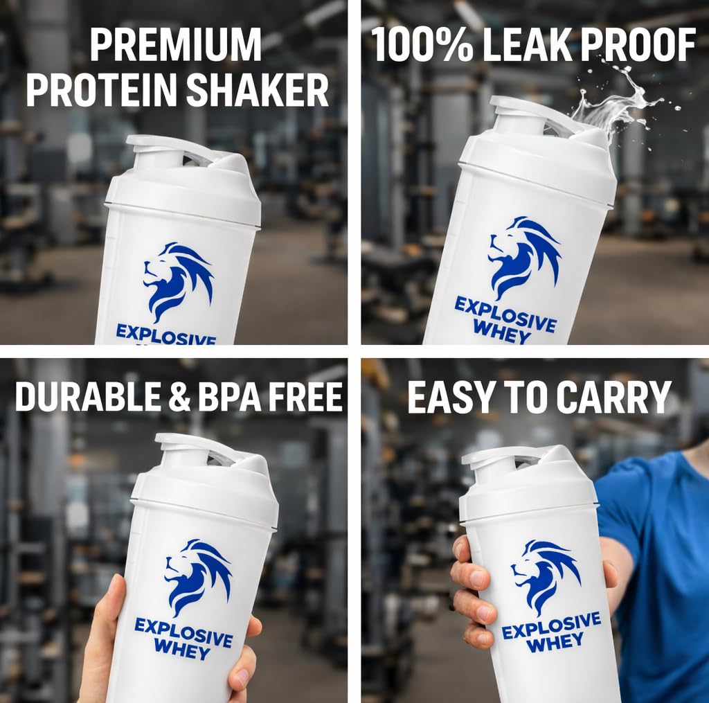 EXPLOSIVE WHEY Protein Shaker Bottle, 600ml, BPA-Free, Leak-Proof, with Storage Compartment - close-up detail