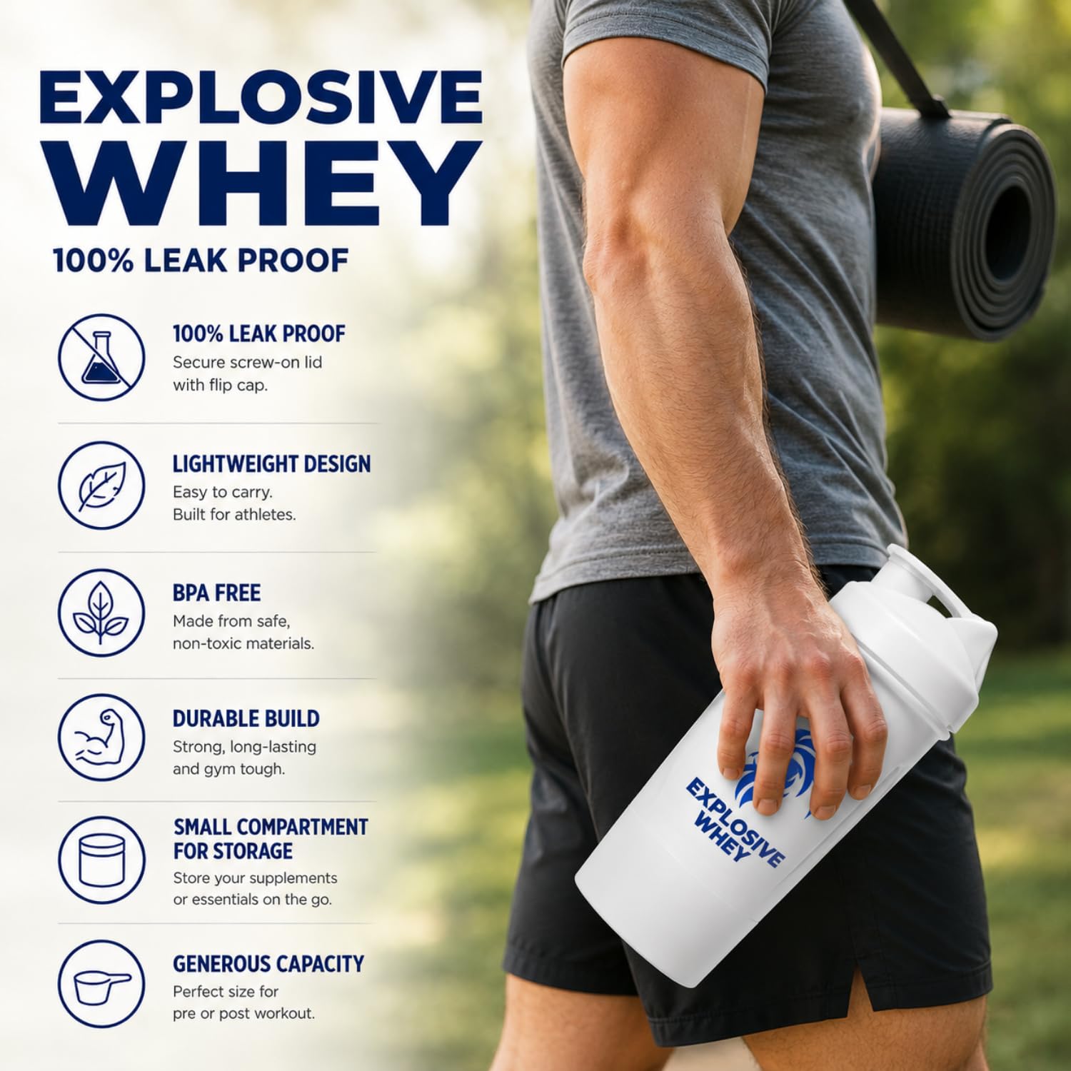 EXPLOSIVE WHEY Protein Shaker Bottle, 600ml, BPA-Free, Leak-Proof, with Storage Compartment - in use