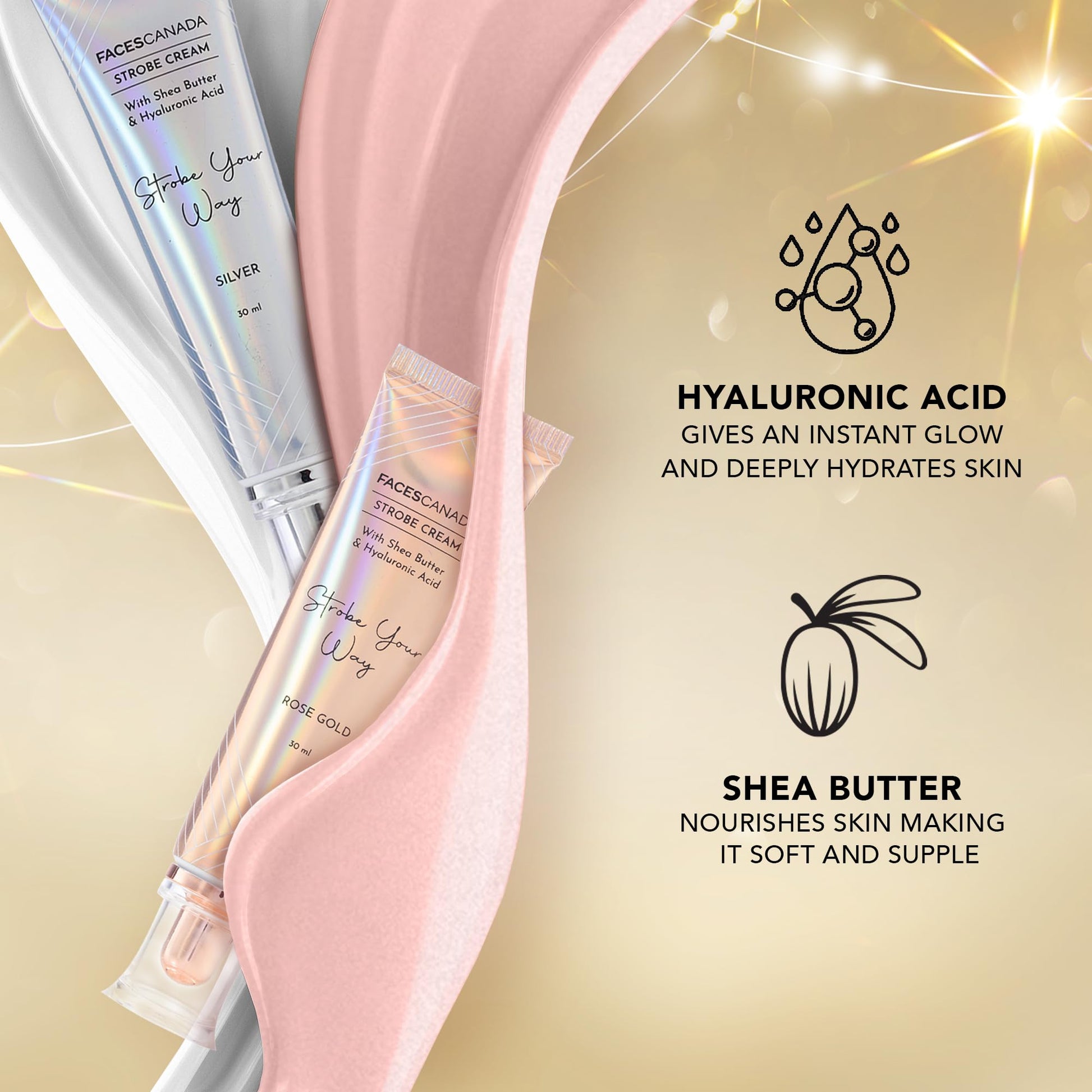 FACESCANADA Strobe Cream, 18ml, Illuminating Primer and Highlighter with Shea Butter and Hyaluronic Acid - ingredients panel 