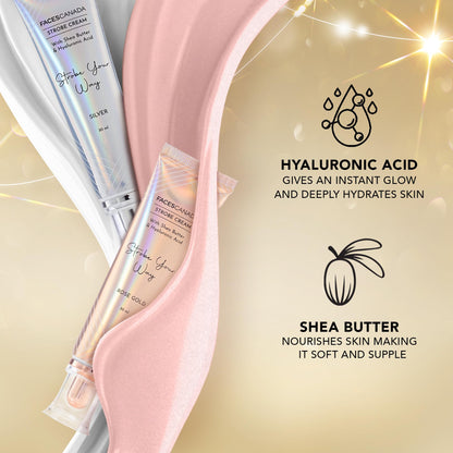 FACESCANADA Strobe Cream, 18ml, Illuminating Primer and Highlighter with Shea Butter and Hyaluronic Acid - ingredients panel 