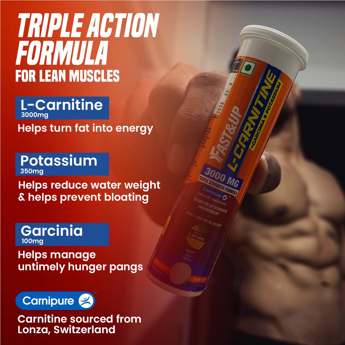 FAST&UP L-Carnitine Tartrate Effervescent Tablets, 3000mg, Mango Flavor, 10 Count - back view (12)