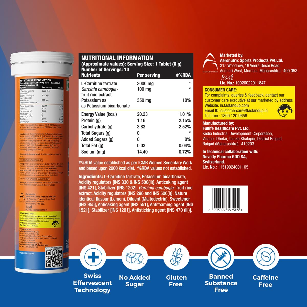 FAST&UP L-Carnitine Tartrate Effervescent Tablets, 3000mg, Mango Flavor, 10 Count - label detail (14)