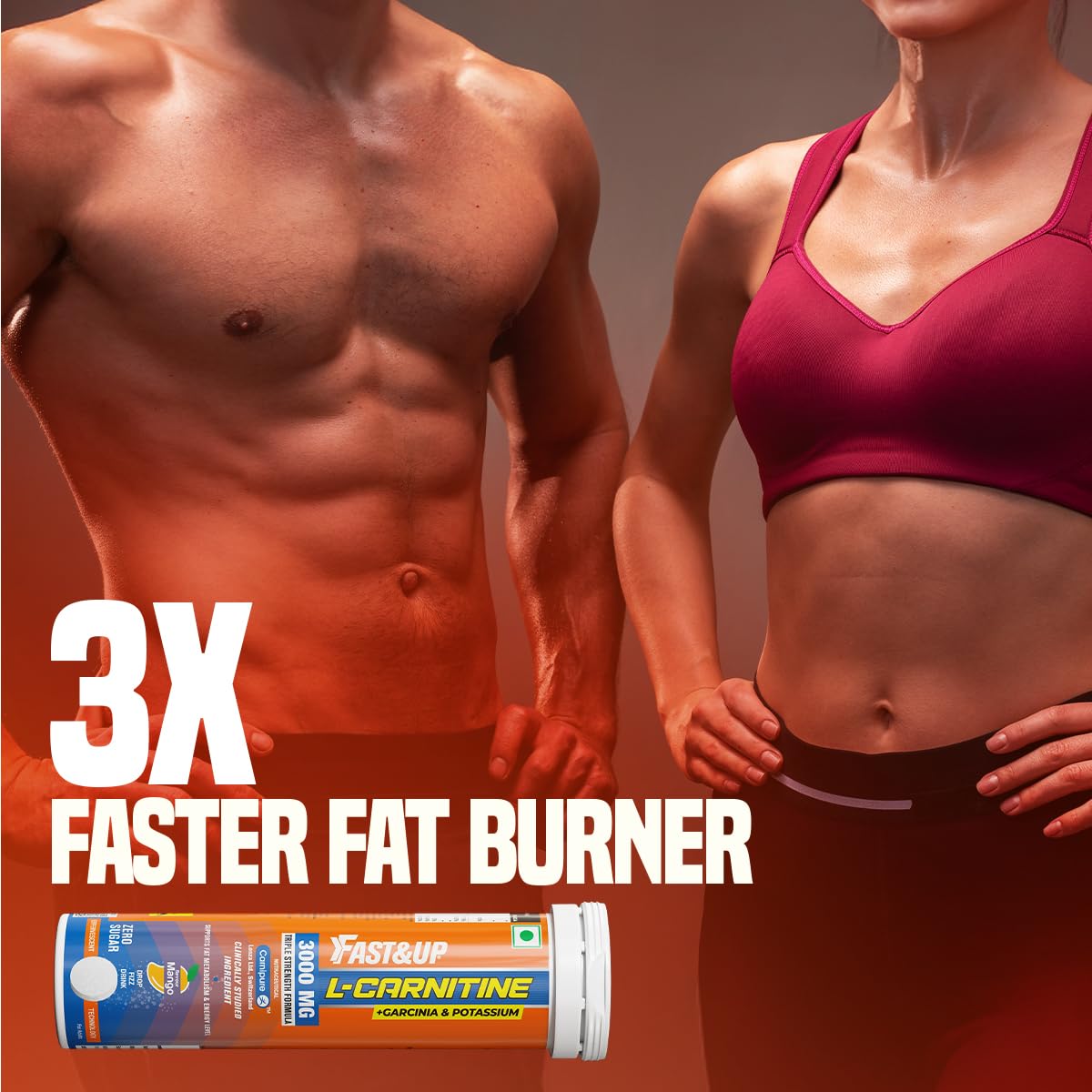 FAST&UP L-Carnitine Tartrate Effervescent Tablets, 3000mg, Mango Flavor, 10 Count - front view