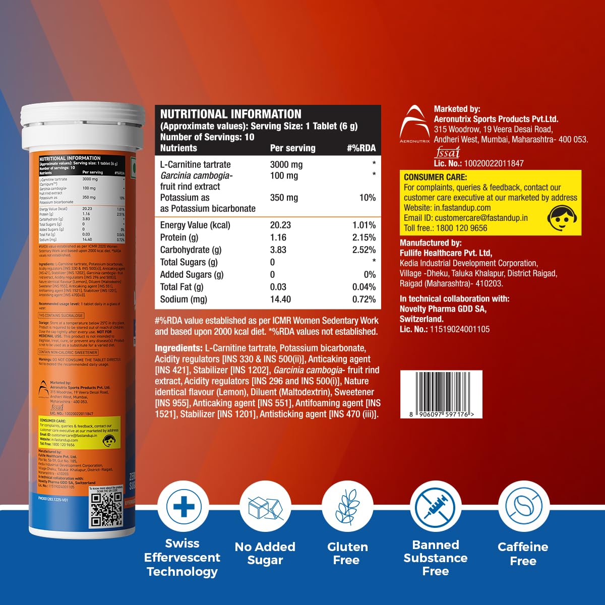 FAST&UP L-Carnitine Tartrate Effervescent Tablets, 3000mg, Mango Flavor, 10 Count - label detail (20)