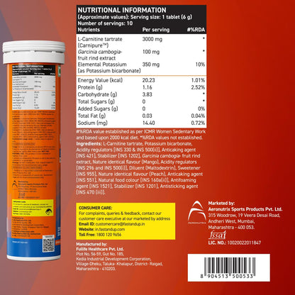 FAST&UP L-Carnitine Tartrate Effervescent Tablets, 3000mg, Mango Flavor, 10 Count - label detail (22)