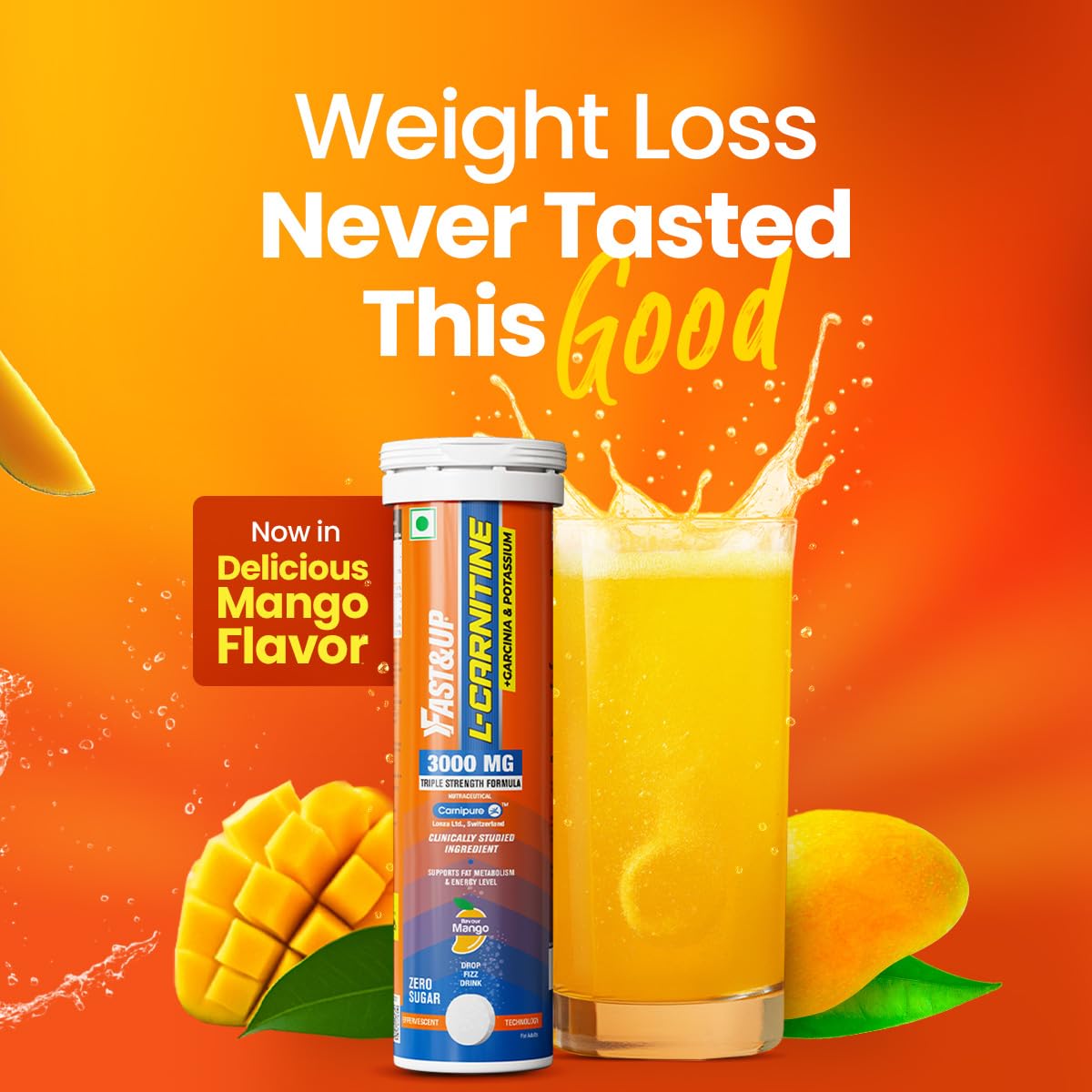 FAST&UP L-Carnitine Tartrate Effervescent Tablets, 3000mg, Mango Flavor, 10 Count - packaging