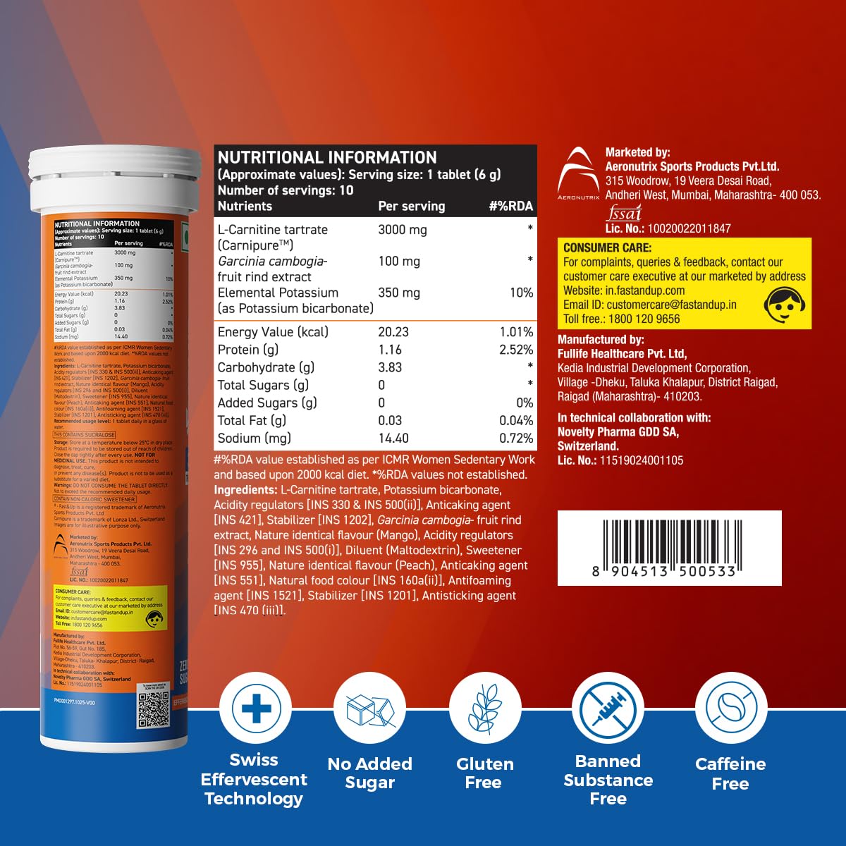 FAST&UP L-Carnitine Tartrate Effervescent Tablets, 3000mg, Mango Flavor, 10 Count - label detail
