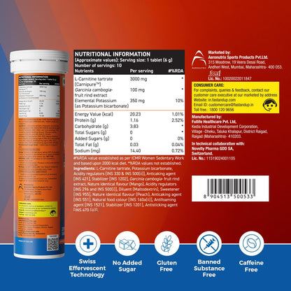 FAST&UP L-Carnitine Tartrate Effervescent Tablets, 3000mg, Mango Flavor, 10 Count - label detail
