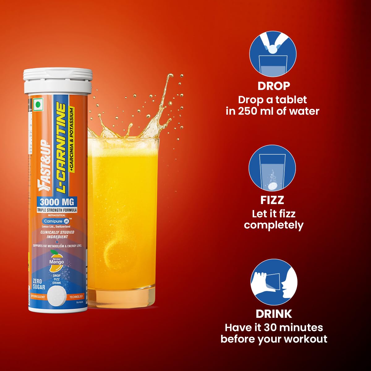 FAST&UP L-Carnitine Tartrate Effervescent Tablets, 3000mg, Mango Flavor, 10 Count - ingredients panel