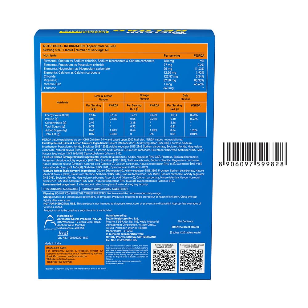 Fast&Up Reload (10 Litres) Low Sugar energy drink for Instant Hydration - 40 Effervescent Tablets with all 5 Essential Electr
