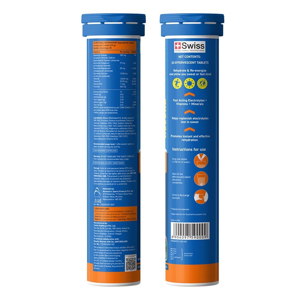 Fast&Up Reload (10 Litres) Low Sugar energy drink for Instant Hydration - 40 Effervescent Tablets with all 5 Essential Electr