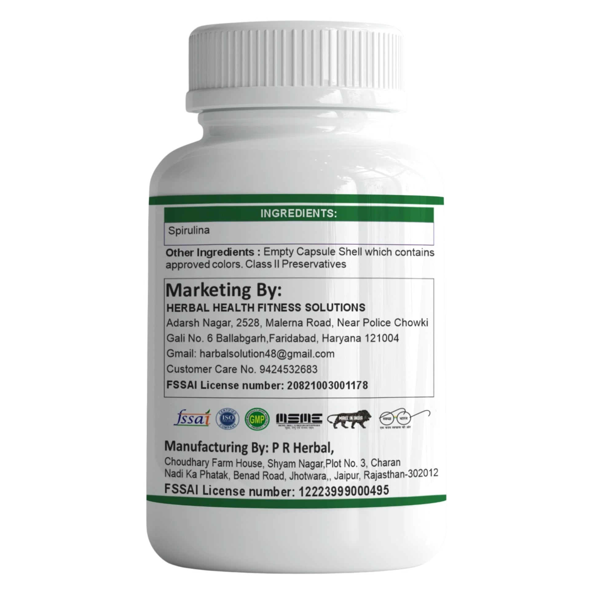 Fitness Prime Organic Spirulina 800mg Herbal Supplement Capsules, 180 Count, Adult Use - front view