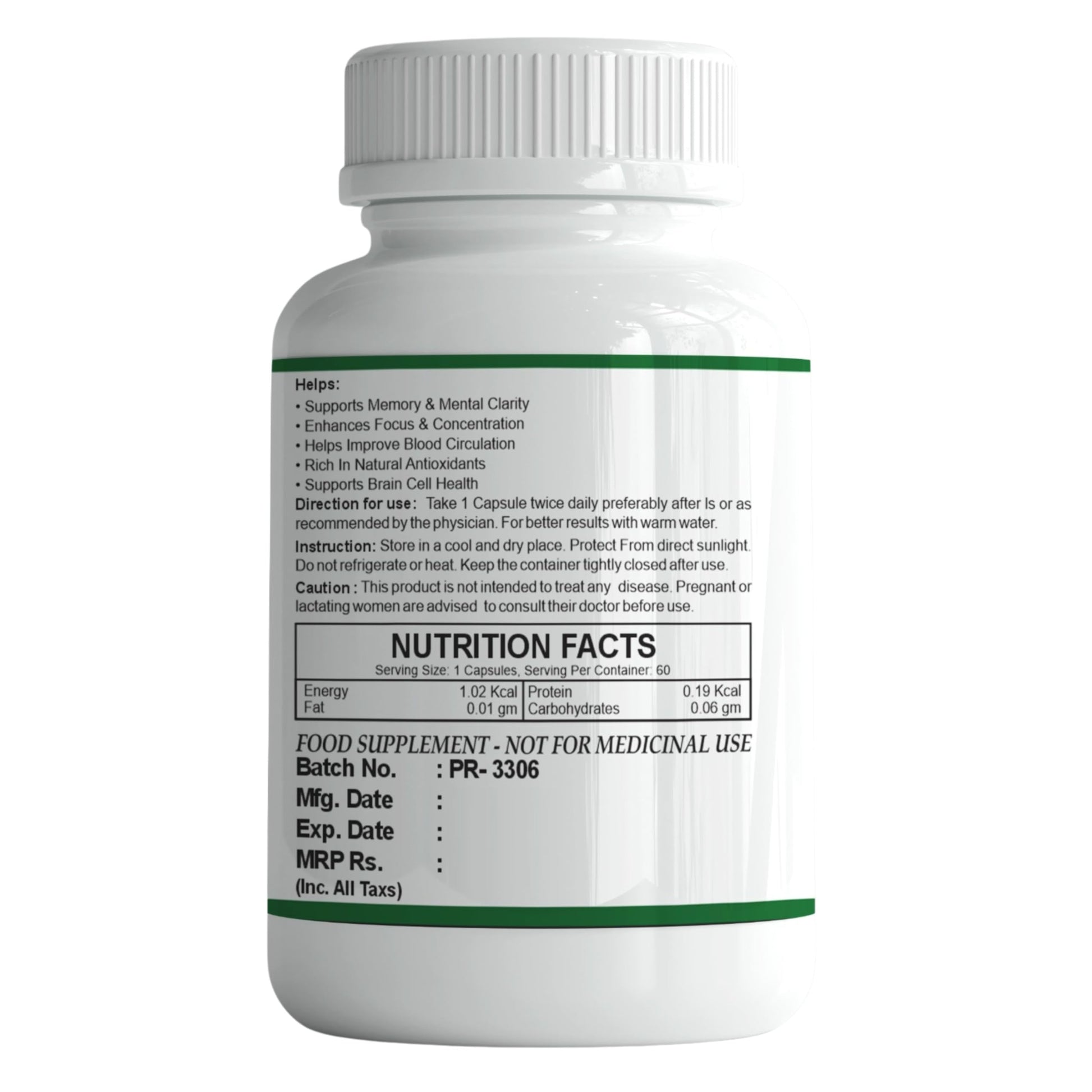 Fitness Prime Organic Spirulina 800mg Herbal Supplement Capsules, 180 Count, Adult Use - back view