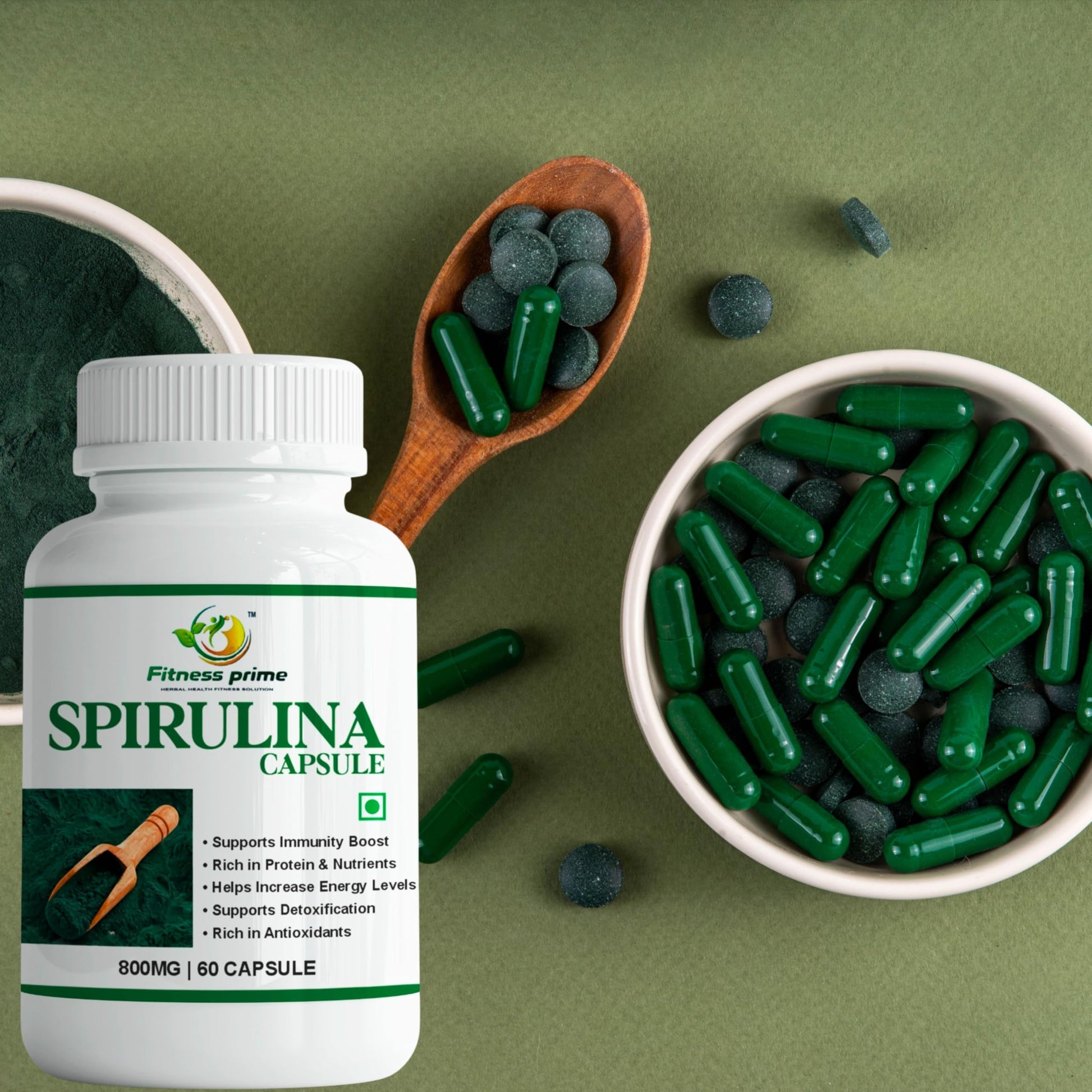 Fitness Prime Organic Spirulina 800mg Herbal Supplement Capsules, 180 Count, Adult Use - packaging
